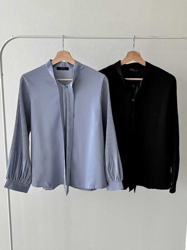 繫帶領淑女修身百褶袖氣質襯衫