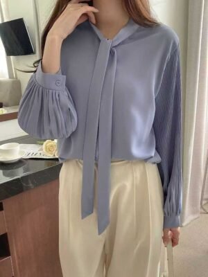 繫帶領淑女修身百褶袖氣質襯衫