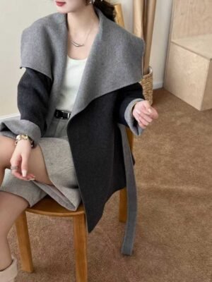 羊毛撞色大翻領腰綁帶外套