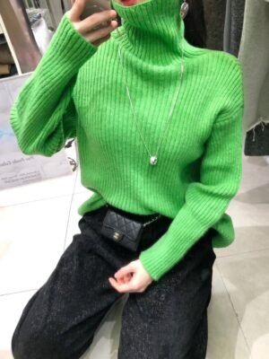 高領純色長袖針織衫